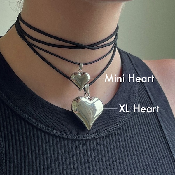 Mini or XL Silver Puffed Heart String Necklace Black Cord Long Wrap Tie Choker Stainless Steel 3D Puffy Pendant Handmade Unisex Jewelry