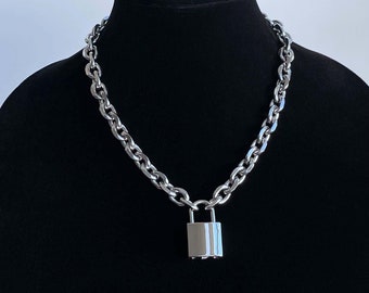 Oversized Padlock Necklace Solid Stainless Steel Chain Silver Mens Unisex Chunky Heavy Lock Key Handmade Jewelry