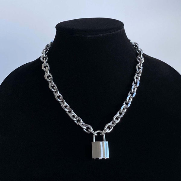 Collier cadenas surdimensionné pour hommes, chaîne en acier inoxydable massif, argent, unisexe, grosse clé de verrouillage lourde, bijoux faits à la main