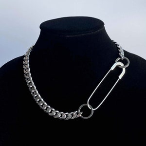 Übergroße Sicherheitsnadel Edelstahl Kubanische Kette Silber Layering Herren Unisex Verschluss Choker Halskette Handgemachter Schmuck