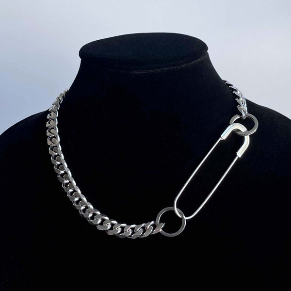 Oversized Safety Pin Stainless Steel Cuban Chain Silver Layering Mens Unisex Clasp Choker Necklace Handmade Jewelry