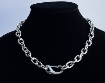 Oversized Clasp Chunky Chain Link Choker Stainless Steel Necklace Statement Chrome Tarnish-Proof Mens Unisex Handmade Jewelry Cold Shoulder