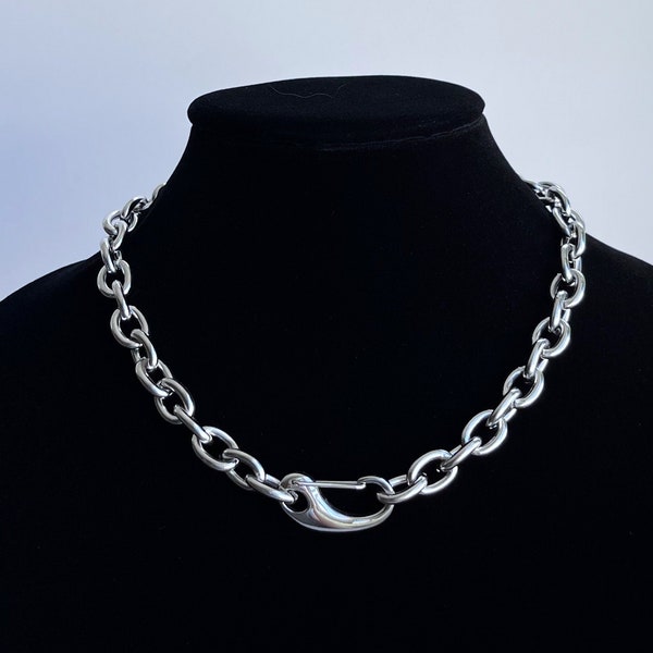Oversized Clasp Chunky Chain Link Choker Stainless Steel Necklace Statement Chrome Tarnish-Proof Mens Unisex Handmade Jewelry Cold Shoulder