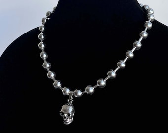 SKULL BALL CHAIN // Silver Solid Stainless Steel Skeleton Grunge Punk Unisex Mens Choker Necklace Chain Cold Shoulder La