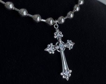 Skull Cross Necklace: Stainless Steel Ball Chain, CZ Stone Fleur - Cold Shoulder LA
