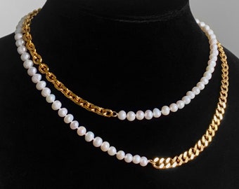 18k Gold Freshwater Pearl Chain Half Necklace Choker Custom Length Cuban Oval Link Handmade Unisex Mens Real Jewelry Cold Shoulder LA
