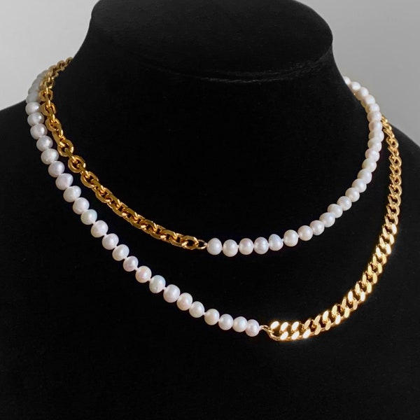 18k Gold Freshwater Pearl Chain Half Necklace Choker Custom Length Cuban Oval Link Handmade Unisex Mens Real Jewelry Cold Shoulder LA