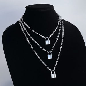 Silver Padlock Necklace Stainless Steel Oval Chain Link Lock Pendant Charm Choker Handmade in LA