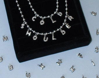 Custom Name Necklace: Stainless Steel Ball Chain, Silver Blob Letter Pendant