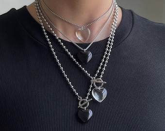 Mini Heart Pendant Necklace: Stainless Steel Chain, Handmade Y2K Jewelry