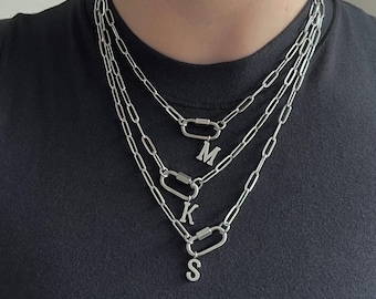 Handmade Carabiner Initial Necklace: Stainless Steel Paperclip Chain