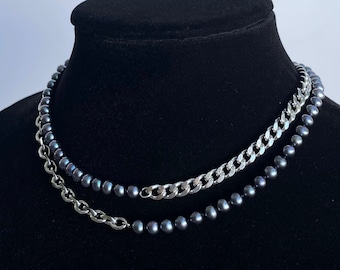 Mini chaîne de perles d'eau douce noires en acier inoxydable collier ras du cou en argent longueur personnalisée fait main unisexe pour hommes vrais bijoux épaule froide LA