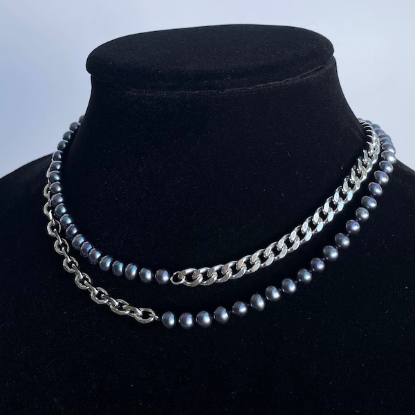 Mini chaîne de perles d'eau douce noires en acier inoxydable collier ras du cou en argent longueur personnalisée fait main unisexe pour hommes vrais bijoux épaule froide LA