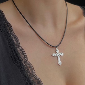 Silver Cross String Necklace Cord Choker Stainless Steel Statement Pendant Gothic Black Chrome Handmade Unisex Jewelry Cold Shoulder LA
