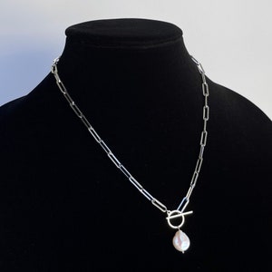 Freshwater Pearl Toggle Paperclip Chain Link Necklace Choker Silver Stainless Steel Handmade Unisex Mens Jewelry Cold Shoulder LA