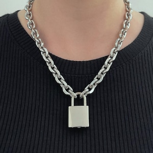 Large Padlock Necklace Solid Stainless Steel Beveled Chain Link Silver Mens Unisex Chunky Oversized Heavy Lock Key Handmade Jewelry
