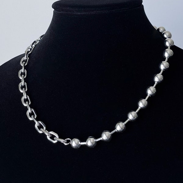 Chunky Half Chain Link Ball Necklace Silver Stainless Steel Oversized Thick Statement Punk Handmade Unisex Mens Jewelry Cold Shoulder LA