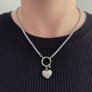 Mini Puffed Heart Clasp Pendant Necklace Stainless Steel Silver Clasp Woven Chain Choker Dainty Handmade Unisex Jewelry Cold Shoulder LA