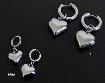 Silver Puffed Heart Earrings XL Mini Stainless Steel Thick Puffy 3D Hoop Hypoallergenic Tarnish-Proof Pair Unisex Handmade Cold Shoulder LA