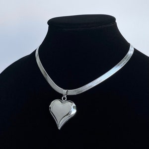 XL Puffed Heart Flat Herringbone Chain Necklace Shiny Puffy Silver Stainless Steel Charm Pendant Handmade Unisex Jewelry Cold Shoulder LA