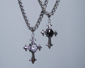 Fleur Cross Chain Necklace: Stainless Steel Gothic Pendant, CZ Stone