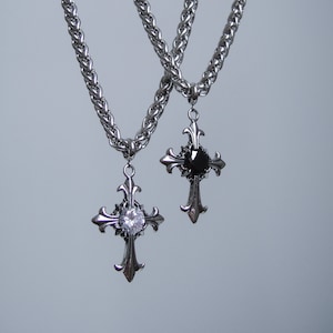 Fleur Cross Chain Link Necklace Stainless Steel CZ Stone Gothic Silver Chrome Black Diamond Pendant Handmade Unisex Jewelry Cold Shoulder