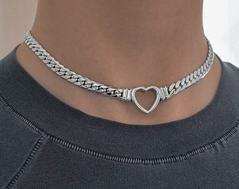 Heart Chain Braided Woven Cuban Link Necklace Silver Stainless Steel Adjustable Choker Tarnish-Proof Handmade Unisex Jewelry Cold Shoulder