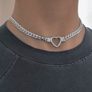 Heart Chain Braided Woven Cuban Link Necklace Silver Stainless Steel Adjustable Choker Tarnish-Proof Handmade Unisex Jewelry Cold Shoulder