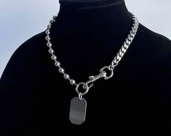 CONNECTION CHAIN // Half & Half Stainless Steel Ball Cuban Chain Dog Tag Clasp Choker Necklace Mens Unisex Handmade Jewelry