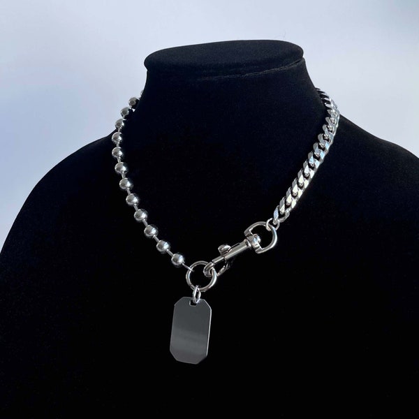 CONNECTION CHAIN // Half & Half Stainless Steel Ball Cuban Chain Dog Tag Clasp Choker Necklace Mens Unisex Handmade Jewelry