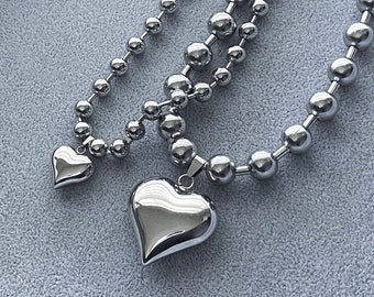 Silver Puffed Heart Ball Chain Necklace: Stainless Steel Unisex Jewelry