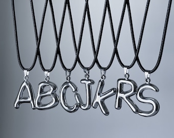 Oversized Stainless Steel Initial Necklace: Puffed Blob Letter Cord Pendant