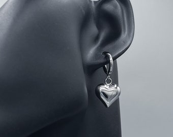 Mini Puffed Heart Silver Stainless Steel Puffy 3D Hoop Blob Earrings Hypoallergenic Tarnish-Proof Pair Unisex Handmade Cold Shoulder LA