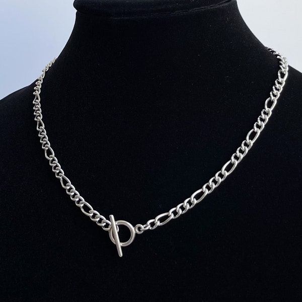 Figaro Toggle Chain Stainless Steel Necklace Choker Silver Layer Basic Tarnish-Proof Handmade Unisex Mens Everyday Jewelry Cold Shoulder LA