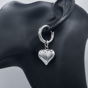 XL Puffed Heart Silver Stainless Steel Thick Puffy 3D Hoop Earrings Hypoallergenic Tarnish-Proof Pair Unisex Handmade Cold Shoulder LA