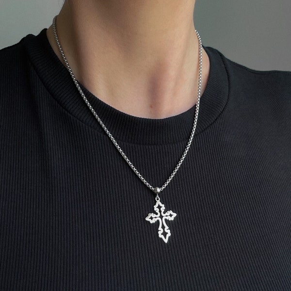 Silver Gothic Cross Necklace Stainless Steel Statement Pendant Choker Layer Chrome Y2K Handmade Unisex Mens Jewelry Cold Shoulder LA