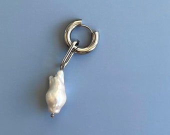 Large Baroque Freshwater Pearl Thick Stainless Steel Hoop Earring Genuine Real Tarnish-Proof Hypoallergenic Handmade Unisex Earrings