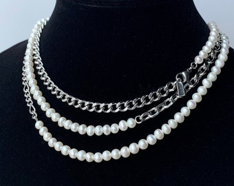 Mini Freshwater Pearl Stainless Steel Chain Necklace - Handmade