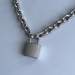 Oversized Padlock Necklace Solid Stainless Steel Chain Silver Mens Unisex Chunky Heavy Lock Key Handmade Jewelry