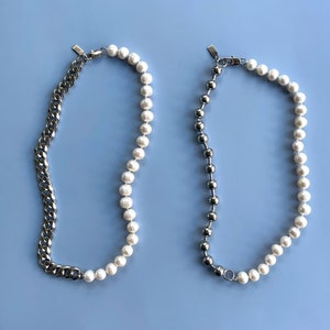 Freshwater Pearl Chain Ball Cuban Link Necklace Half Solid Stainless Steel Choker Unisex Mens Handmade Jewelry