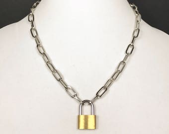 Chain Link Padlock Necklace with Functioning Lock and Key