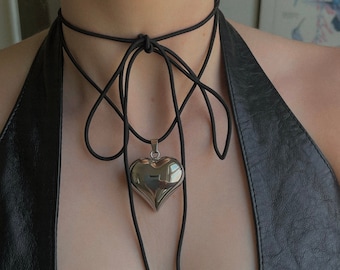 ネックレス・ペンダント ROMANTINUER SN106 NECKLACE R BLACK STRING CHAIN Puffed Heart String Necklace Black Cord Long Wrap Tie Choker