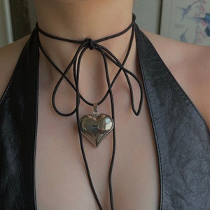 Puffed Heart String Necklace Black Cord Long Wrap Tie Choker Silver Gold Stainless Steel Chunky 3D Puffy Pendant Handmade Unisex Jewelry