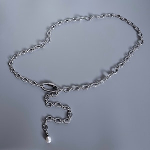 Oval Link Stainless Steel Belly Waist Chain Belt Carabiner Clasp Fully Adjustable Long Freshwater Pearl Silver Handmade Unisex Cold Shoulder
