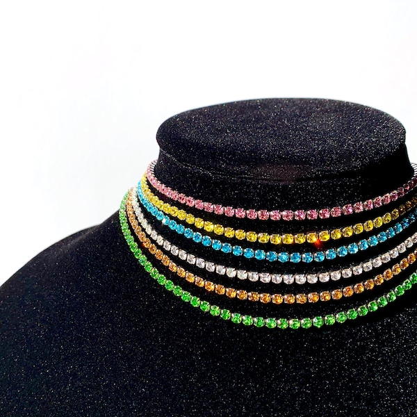 COLOR Crystal Choker Necklace Rhinestone Diamond Rainbow Pink Blue Green Yellow Orange Clear Handmade Unisex Chain Jewelry Stainless Steel