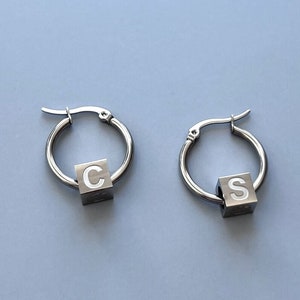 Block Letter Hoops Silver Initial Stainless Steel Earrings Custom Alphabet Tarnish-Proof Hypoallergenic Handmade Unisex Earrings Jewelry
