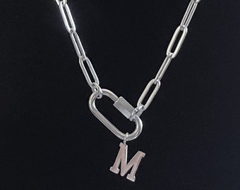 Handmade Stainless Steel Paperclip Chain Necklace: Carabiner Initial Charm