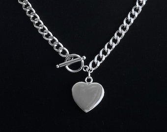 Pendentif coeur solide à bascule chaîne à maillons cubains collier en acier inoxydable argent Y2K fait main unisexe hommes femmes bijoux épaule froide LA