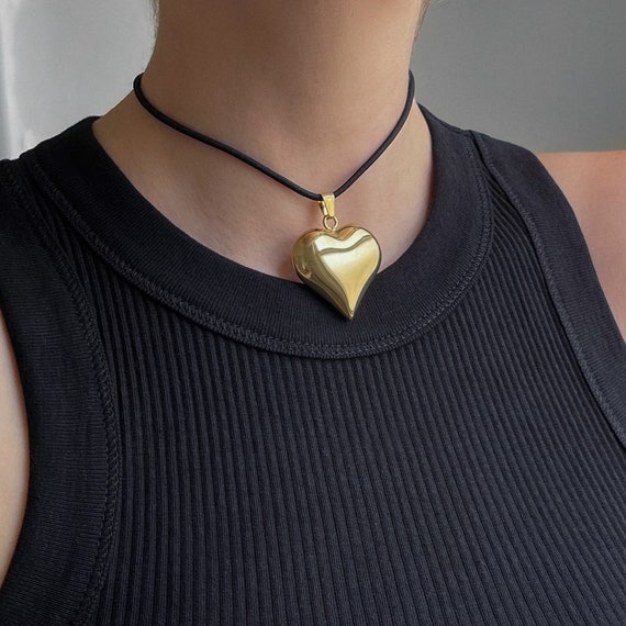 Gold Puffed Heart String Necklace Black Cord Long Wrap Tie Choker XL or  Mini Stainless Steel Chunky 3D Puffy Pendant Handmade Unisex Jewelry 