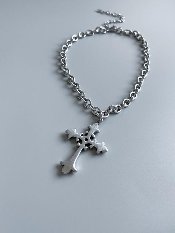XL Stainless Steel Fleur Cross Pendant Necklace: CZ Stone